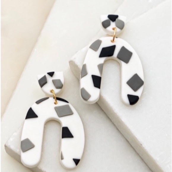 White Black and Gray Polymer Clay Arch Earrings - Picture 1 of 3